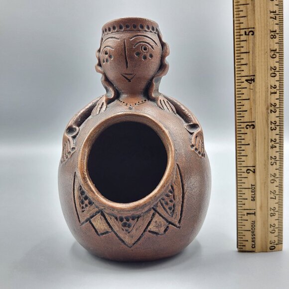 Vintage Signed Terracotta Folk Art Handcrafted Clay Incense Burner Female Figure - Picture 15 of 15